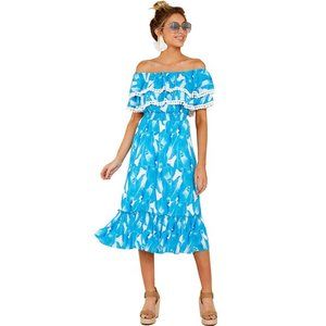 Red Dress - Darling Dear Bright Blue Palm Print Midi Dress - Medium